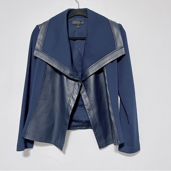 HP 🎉 St. John Current Blue Leather Mixed Media Moto Jacket. Women's size 4. - Picture 3 of 6